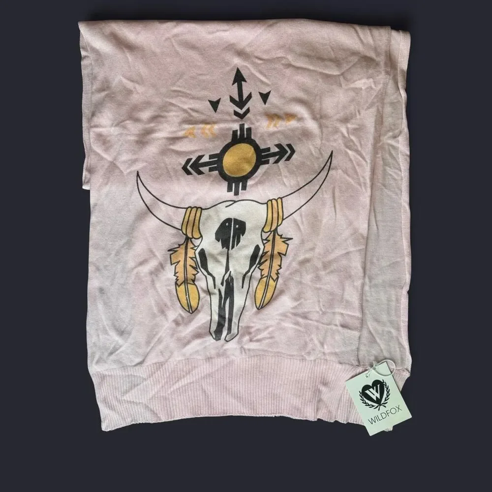 NWT Wildfox Couture Pink Angora Rabbit Hair Scarf with Boho Native Bull Skull